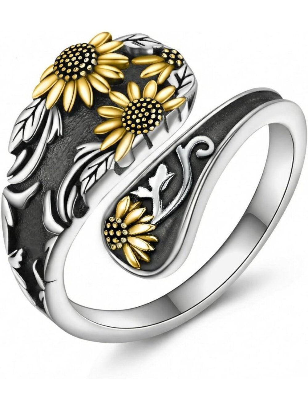 18K Gold Plated Adjustable Sunflower Spoon Ring - Oxidized Open Band Jewelry